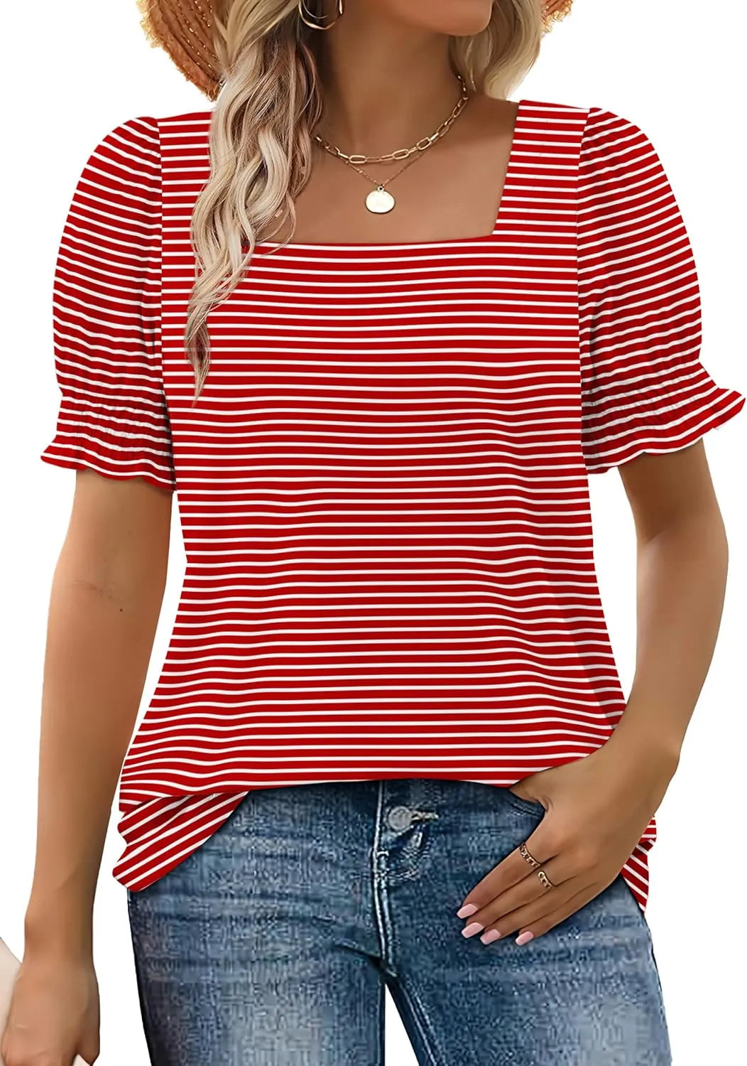 Women's T Shirt - Chic Square Neck Design with Comfortable Smocked Sleeves