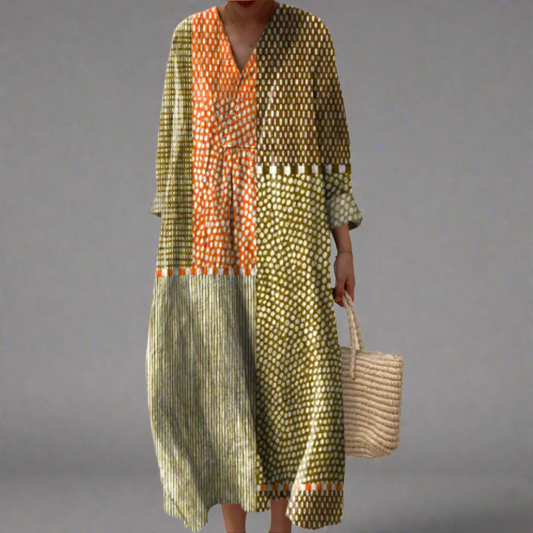Vivienne | Earthy Patchwork Dotted Maxi Dress