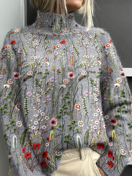 Women's Floral Turtleneck Sweater - Lightweight & Breathable Knit