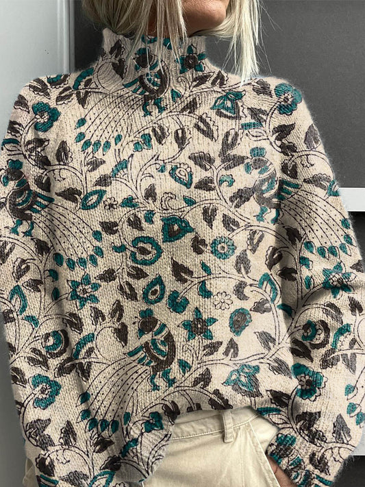 Women's Sweater - Vintage Floral Knit Turtleneck, Lightweight & Breathable