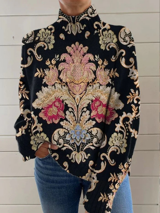 Women's Sweater - Vintage Floral Turtleneck, Lightweight & Breathable