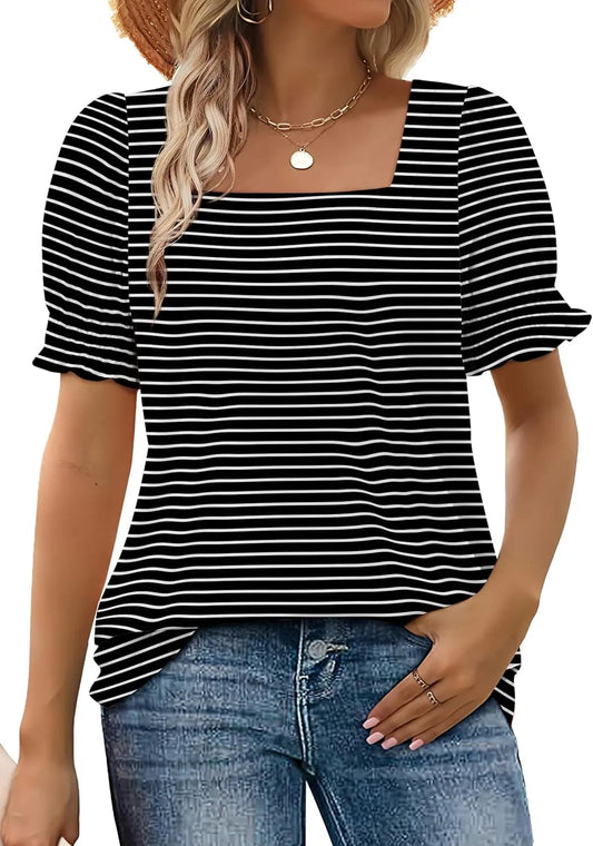 Women's T Shirt - Chic Square Neck Design with Comfortable Smocked Sleeves