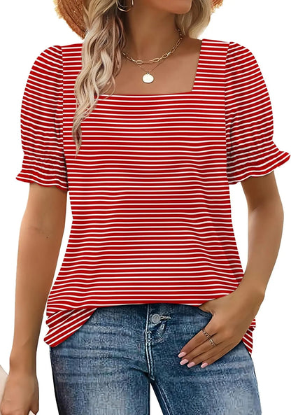 Women's T Shirt - Chic Square Neck Design with Comfortable Smocked Sleeves