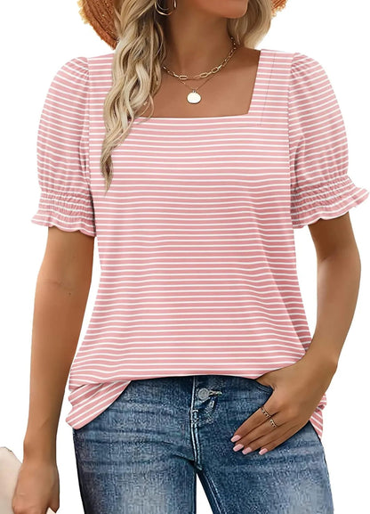 Women's T Shirt - Chic Square Neck Design with Comfortable Smocked Sleeves