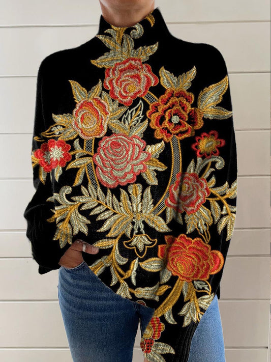 Women's Vintage Floral Turtleneck Sweater - Lightweight & Breathable Knit