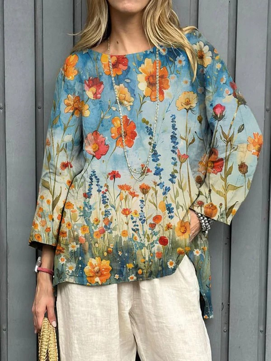 Women's Vintage Flower Art Print Blouse - Effortless Style & Comfort