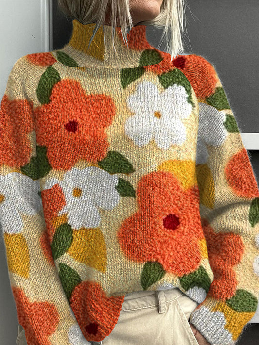 Womens Sweater - Lightweight Floral Turtleneck for Summer Comfort
